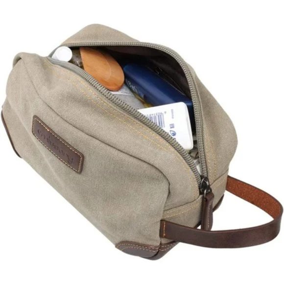 New MEN'S Toiletry Bag, Leather and Canvas Travel Toiletry Bag, Light Gray - Picture 2 of 7